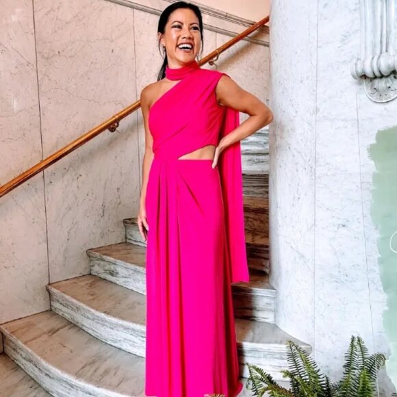 Saloni Magenta Honey Gown One Shoulder Mock Neck Cutout Cape Maxi Dress - Picture 2 of 8